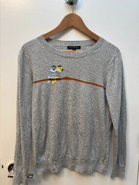 Banana Republic Parrot Sweater M Gray Intarsia Birds Beret Crewneck